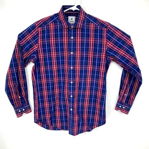 David Donahue Men's Plaid Button Front Shirt Size Medium Red Blue - Picture 1 of 12