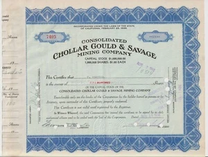 Certificado de acciones de compañía minera Chollar consolidado Gould & Savage - Imagen 1 de 1