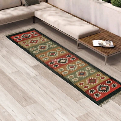 Handmade Kilim Runner Wool Jute Turkish Kitchen Rug Farmhouse Stair Runner Carpe - Image 1 of 4