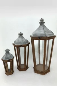 S/3 Antique Grey Wooden Metal Floor Hanging Hurricane Lamp Lantern Candle Holder - Picture 1 of 1