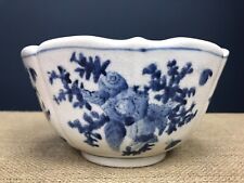 OLD CHINESE JAPANESE? HAND PAINTED BLUE & WHITE POTTERY FOOTED BOWL