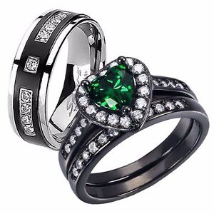Hers Sterling Silver Heart Emerald His Titanium Wedding Ring Set Free Shipping