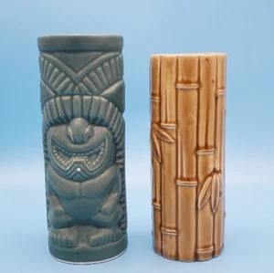 Vintage Orchids of Hawaii Bamboo Tiki Mug & Tiki Farms Green Tiki Mug with Chip - Picture 1 of 13