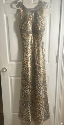 Sean Couture Beaded Gown, XS,  Maxi, Aqua & Brown Print - Image 1 of 4