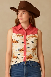 Wrangler Retro Western Women's Cotton Horses Desert Sleeveless Shirt Pearl Snap - Picture 1 of 10