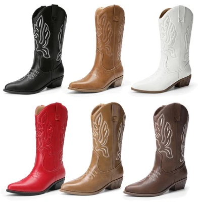 Women Cowboy Boots Mid Calf Cowgirl Boots Embroidery Stitched Western Boots - Image 1 of 4