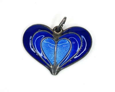 Vintage DA David Andersen Sterlingsilber Guilloche blau Emaille Herz Anhänger - Bild 1 von 4
