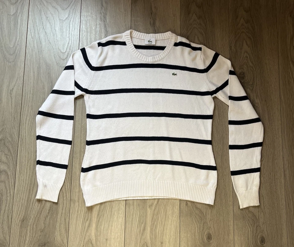 Men’s Vintage Lacoste Crew Neck Jumper Size 44 White & Black Medium Cotton Knit - image 1 of 4