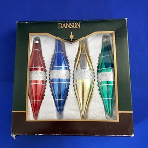 4 Vintage 6" Mica Hand Decorated Glass CHRISTMAS TREE ORNAMENTS in Original Box - Picture 1 of 9