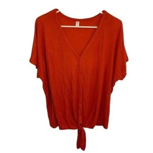 BP. Women’s Size Medium V-Neck Button Down Tie Front Top Ribbed Rust Dark Orange - Picture 1 of 8