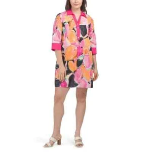 MAGARI Orange/Fuchsia Made In Italy Tropical Leaves  Shirt Dress MEDIUM - Picture 1 of 2