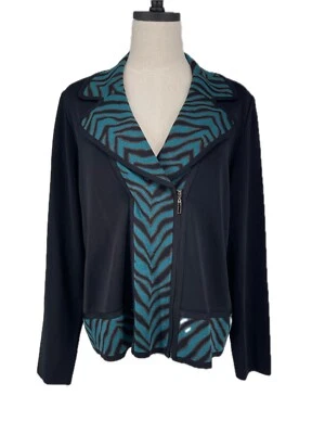Exclusively Misook Zebra Print Lapel Knit Zipper Jacket Blue Brown Black M - Image 1 of 4