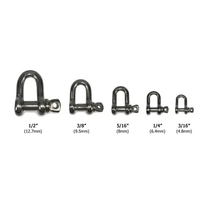 HYW PRODUCTS T-316 Stainless Steel D Shackle Marine Grade 3/16" to 1/2" Oversized Pin (D)