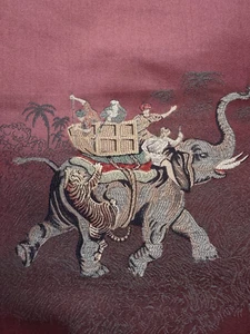 ASIAN TIGER FIGHTING ELEPHANT FABRIC 54" X 76", BURGUNDY SILK BROCADE DRAPERY - Picture 1 of 14