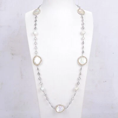 Collar largo cadena pavé circonita cúbica transparente perla moneda blanca de 30"" cadena de cobre de oro de moda Foto 1 de 4