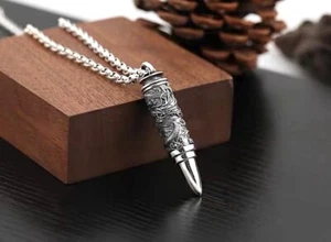 Solid 925 Sterling Silver Mens Retro Dragon Bullet Pendant Chain Necklace - Picture 1 of 8