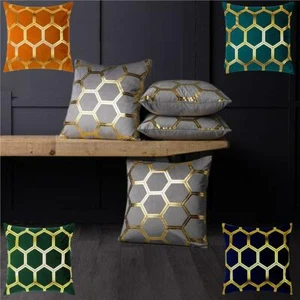 4 Pack Gold Metallic Velvet Cushion Covers Honeycomb 18 inch 45 x 45 cm Square - Picture 1 of 21