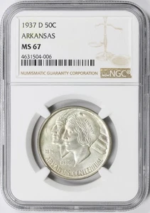 1937-D 50c Arkansas Silver Half Dollar Commemorative NGC MS67 - Picture 1 of 4