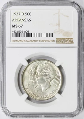 1937-D 50c Arkansas Silver Half Dollar Commemorative NGC MS67 - Image 1 of 4