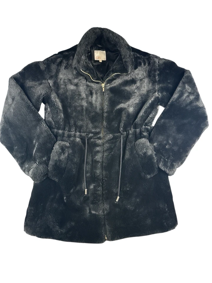 GB Abrigo Negro de Piel Sintética Para Mujer Cremallera Frontal Cordón Cintura Longitud Media Chaqueta Med Foto 1 de 4