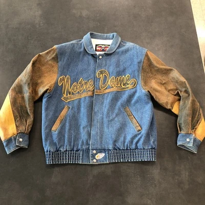 Chaqueta De Colección Jeff Hamilton Notre Dame Varsity Letterman Cuero Y Denim Foto 1 de 4