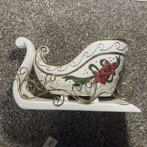Holiday Time Christmas Porcelain Sleigh Poinsettias and gold Planter Look - Picture 1 of 3