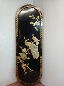  "Placa de arte de pared madreperla laca negra asiática vintage 12"" x 36"" pavos reales" - Imagen 1 de 16