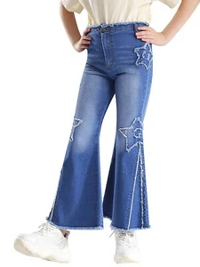 Kids Girls Fly Bell-Bottom Trousers Frayed Raw Hem Jeans Star Pattern Fashion - Picture 1 of 24