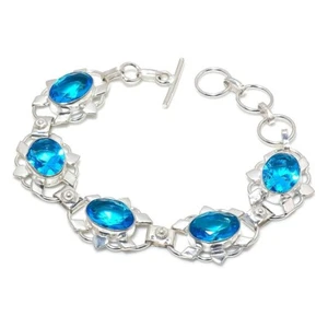 Swiss Blue Topaz Gemstone Handmade 925 Sterling Silver Jwelery Bracelet Sz 7-8" - Picture 1 of 1