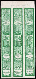 España./ Fiscales 1874. Alemany. / Fosforos. x 5. Tira de 3. Raro asi. - Picture 1 of 1