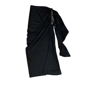 Vintage Christian Dior Wool Ruched Beaded Side Slit Maxi Skirt Size S Black - Picture 1 of 6