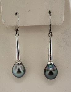 9-10MM Tahitian Black Pearl Rhodium 925 Sterling Silver Dangle Earrings - Picture 1 of 9