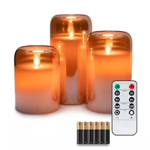 3-Pack LED Mirrored Glass Round Pillar Flameless Candle 4" 5" 6" w/ Remote - Picture 1 of 14