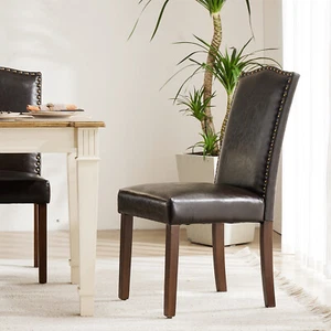 Dark Brown Leather Dining Chair with High-backed Weight Chair Trim with Rivets - Picture 1 of 6