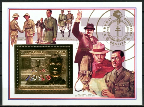 Guyana 1992 de Gaulle + Churchill 18 June 1940 Block 169 A 3792A Gold Perf Cover