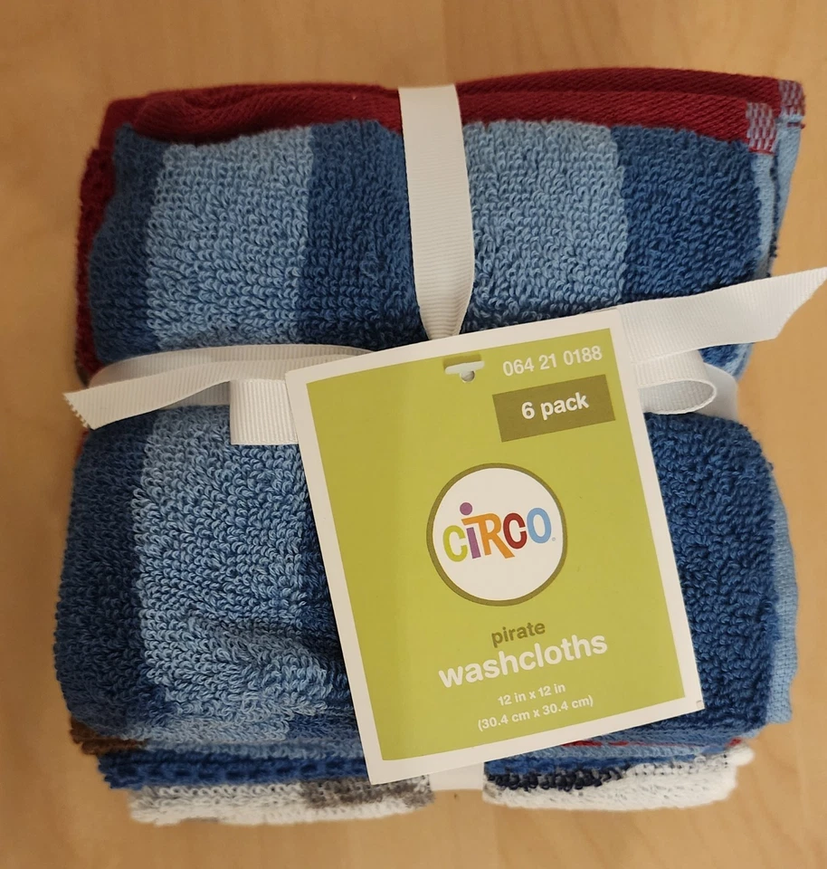 Nuevo paquete de 6 paños de baño para niños Circo Pirate Themed 12" x 12" Foto 1 de 4