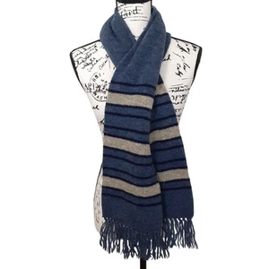 Vintage 100% Shetland Wool Neck Scarf Blue Striped Fringe Rectangle Made in USA - Picture 1 of 3