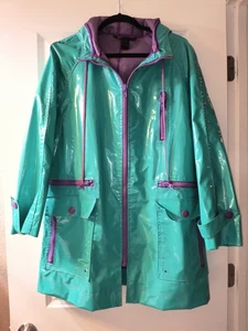 RARE Vintage Marc Jacobs Rain Jacket Coat Large Teal Purple Patent Hooded - Y2K - Picture 1 of 5