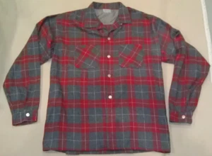 RARE BRENT Vintage Loop Collar Wool Plaid Red Gray Flannel Shirt Mens XL 17-17.5 - Bild 1 von 10