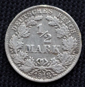 1918 F GERMANY EMPIRE - 1/2 MARK .900 SILVER - Wilhelm II - WWI era - Picture 1 of 3