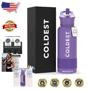 Coldest 32 oz Vacuum Insulated Sports Water Bottle - Leak Proof Stainless Steel - Picture 1 of 11