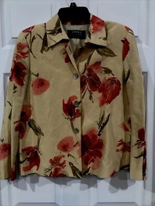 Dana Buchman Petite Linen & Silk Suit Jacket Gold Red Floral Poppies 12 - Picture 1 of 8