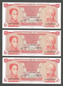 Venezuela 5 Bolivares 21.9.1989; UNC; P-70b; BNB-B322a; Lot 3 aufeinanderfolgende # - Bild 1 von 2