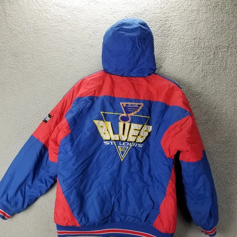 Vintage St Louis Blues Logo7 Hooded Puffer Jacket Large NHL Hockey Red Blue Coat Cover