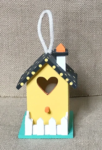 Handmade Whimsical Decorative Wood Birdhouse Ornament Yellow House Polka Dots Cover