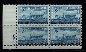US USA Sc# 958 MNH FVF PLATE # BLOCK Swedish Pioneer Oxen Covered Wagon - Picture 1 of 1