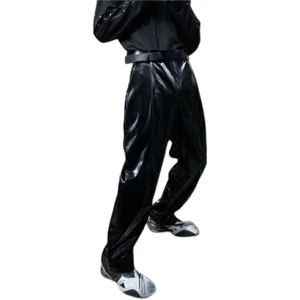 Men Casual Punk Faux Leather Pants Trousers Shiny Straight Leg Black Pu Soft - Picture 1 of 13