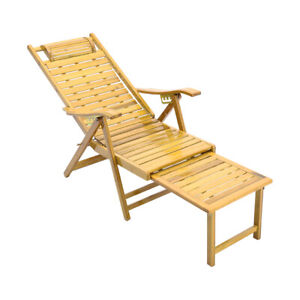 Adjustable Bamboo Sun Lounger Recliner Chair w/ Footrest Garden Pool Summer Seat