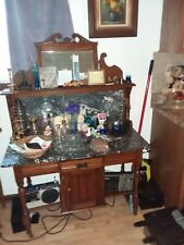 Antique Oak Washstand with Marble Top, Mirror, and Towel Rack