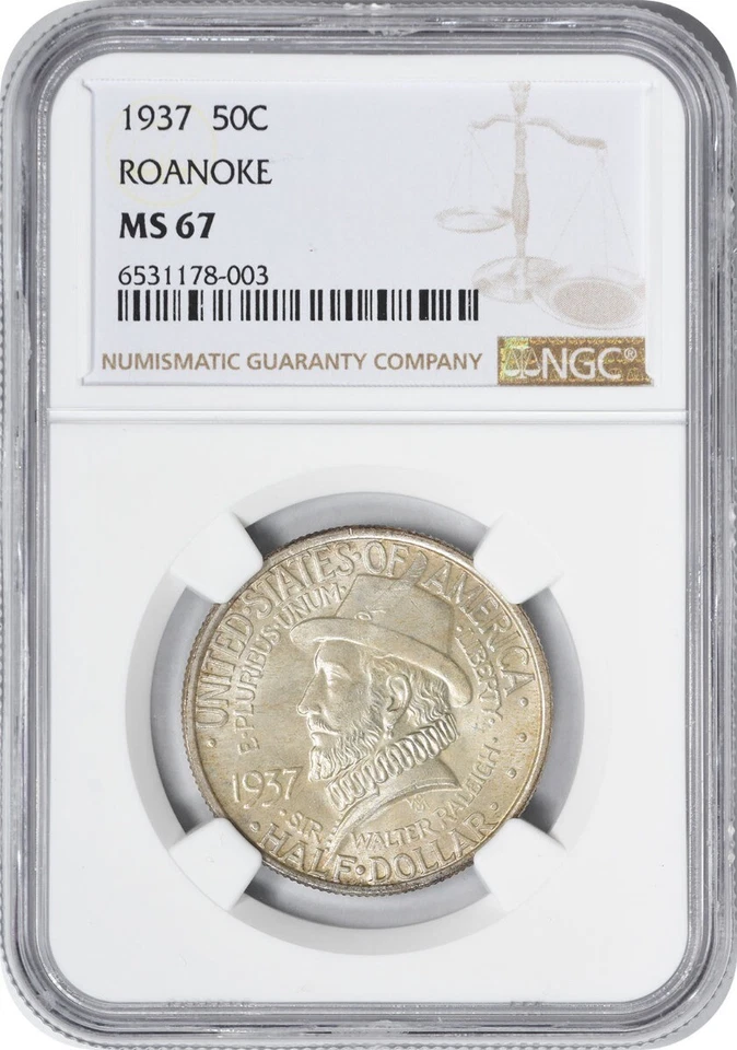 Roanoke Commemorative Silver Half Dollar 1937 MS67 NGC - Image 1 of 2